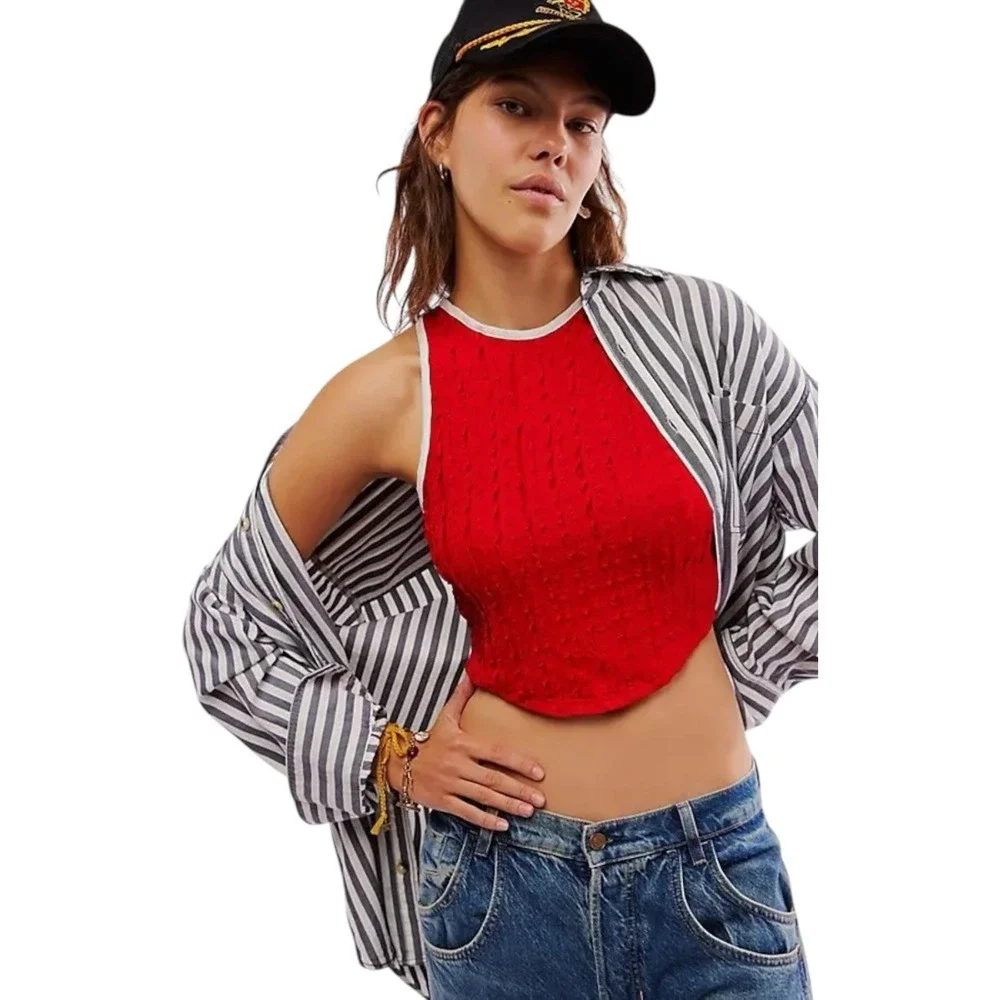 Free People Maci Textured Red White Open‎ Back Lace Up Tank Top XS New